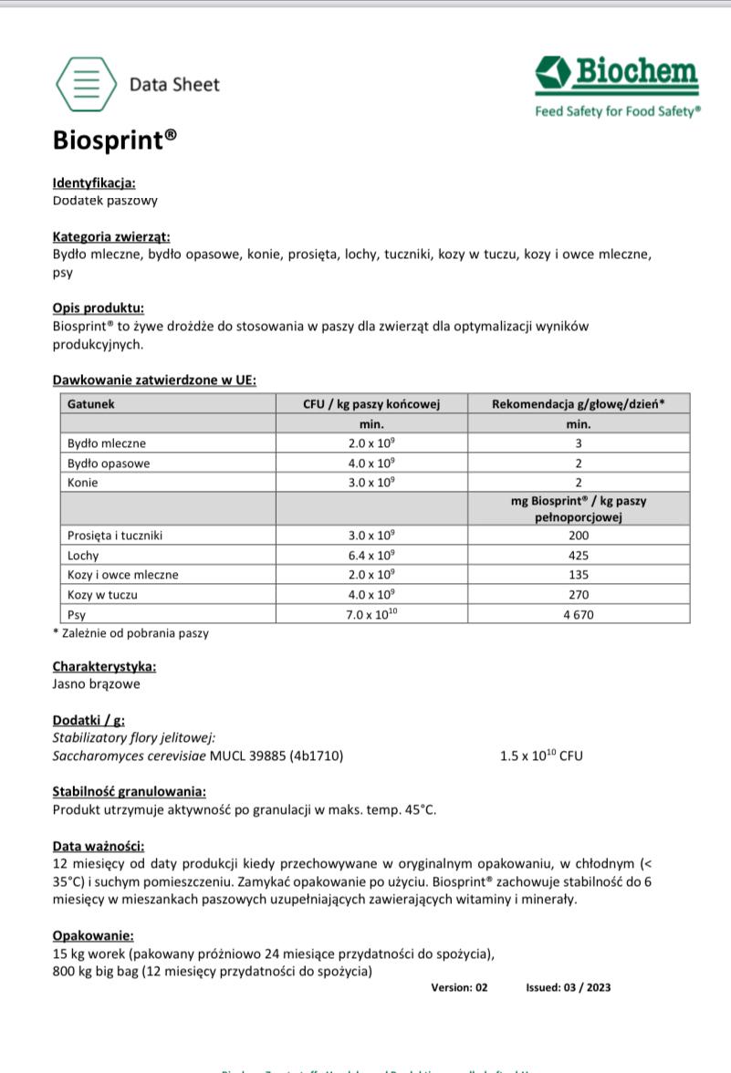 BIOSPRINT 15 KG. Żywe drożdże Saccharomyces cerevisiae
